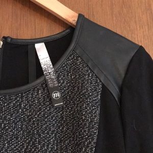 Black Fitted Long Sleeve Leather Accent Knit Dress